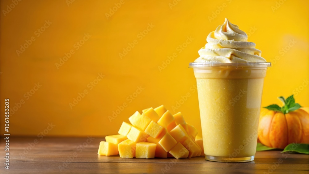 Poster mango smoothie with whipped cream and diced mango fruit on a wooden table against a yellow backgroun