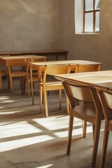A collection of wooden tables and chairs in a cozy room setting, ideal for use in interior design or home decor