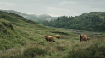 Majestic highland cows graze in the mist-covered, luscious valley, surrounded by rolling hills and dense forest, evoking a scene of natural splendor.