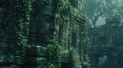 A solitary stone face stands amidst a dense forest, perfect for use as a mysterious or ancient artifact illustration