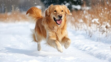  Dog running and playing in the snow, with its tongue out and tail wagging. Joyful winter playtime.