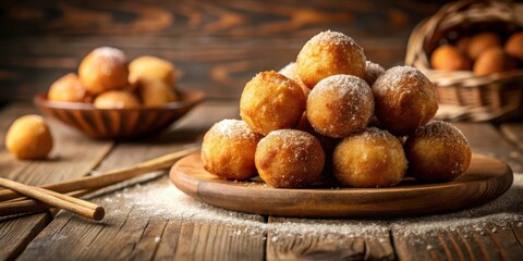 A Stack of Golden Brown Doughnuts Dusted with Powdered Sugar on a Rustic Wooden Board