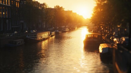 A serene scene of sunset over a canal with boats