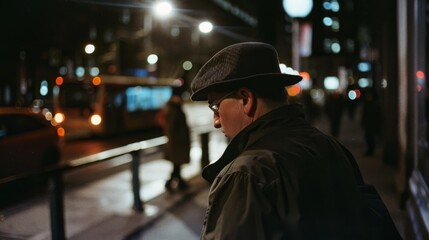 A classic urban portrait capturing the pensive mood of a person under dramatic city lights, conveying stories within the night's hustle.