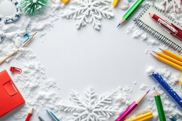 frame of colorful school supplies on winter and snow board background, top view.