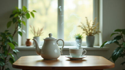 Obraz premium Cozy setting with a coffee pot and cup on table by window.