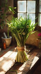 Obraz premium Cozy Handcrafted Bundle of Fresh Green Plants and Herbs in Rustic Interior Artisanal arrangement of organic homegrown foliage and greenery decorating a warm