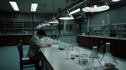 A lone researcher leans over a cluttered lab desk, surrounded by equipment, bathed in moody light, depicting diligence and solitary pursuit.