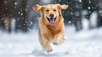 Dog running and playing in the snow, with its tongue out and tail wagging. Joyful winter playtime.