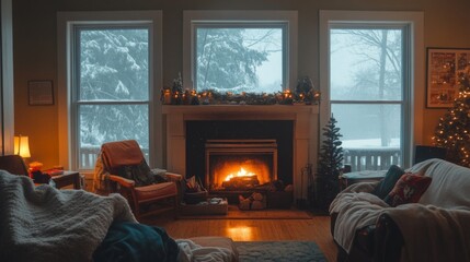 Fireplace crackling in a living room, with people sitting around it in warm blankets during a snowstorm outside. Cozy and comforting winter scene.