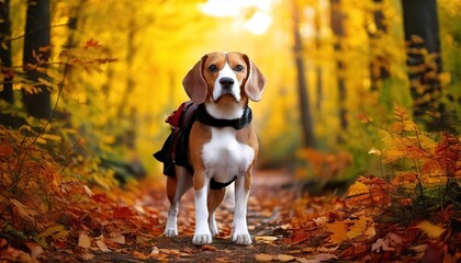  A beagle wearing a backpack stands on a forest trail, ready for an autumn adventure surround