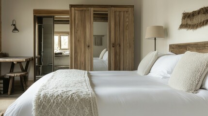 Rustic bedroom with white bedding and wooden furniture. - Powered by Adobe