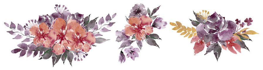Watercolor illustration of vintage autumn floral bouquet, flower wreath isolated on transparent background. Spring floral painting png. Wedding invitation, greeting vintage card, banner, poster