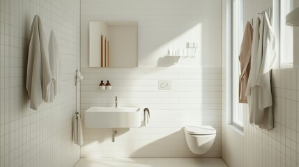 Modern Bathroom Interior with White Tile Walls.