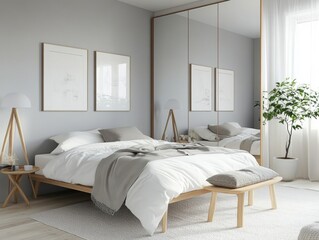 Modern Minimalist Bedroom Interior Design with White Bed and Wooden Bench.