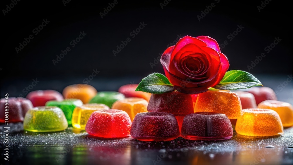 Poster a single red rose blossoms above a cluster of colorful, translucent candies, creating a vibrant and 