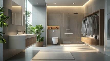 Modern bathroom with walk-in shower and floating vanity.