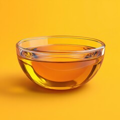 Transparent Glass Bowl Filled with Amber Liquid on Vibrant Yellow Background