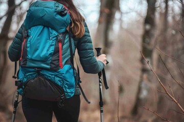 Fototapeta premium Woman hiking through forest wearing backpack and using trekking poles