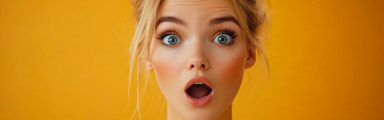 Surprised woman shocked by a huge sale, expression of amazement and joy with orange background