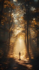 Obraz premium Silhouette of a person walking through a misty forest at sunrise.