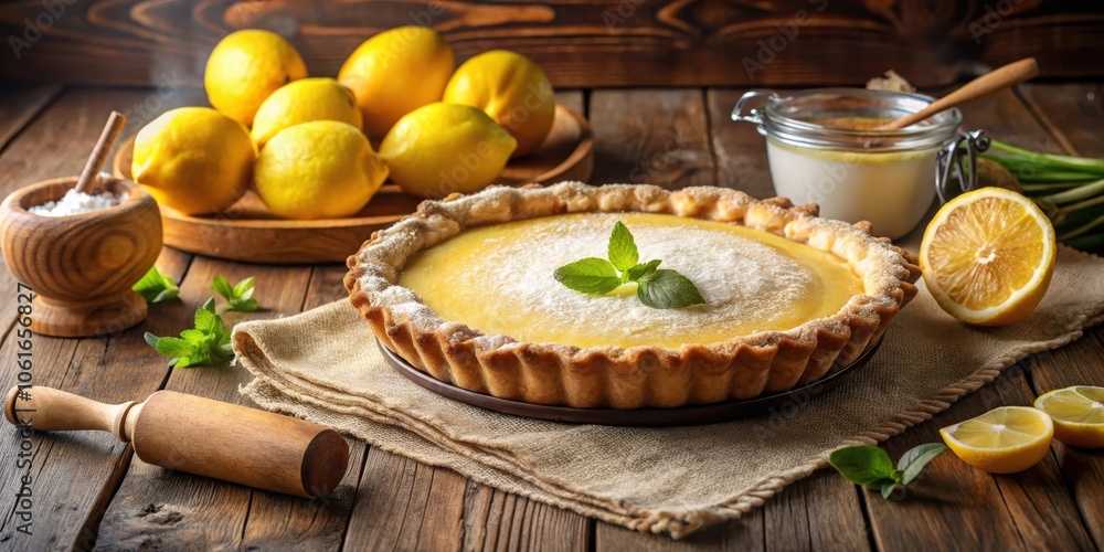 Poster a delicious homemade lemon tart with a flaky crust and a light and creamy filling decorated with fre