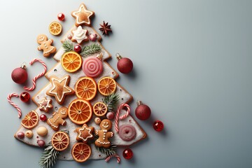 A festive gingerbread Christmas tree decorated with candies and dried orange slices in a snowy setting, evoking holiday cheer and warmth. Christmas and New Year greetings. With copy space