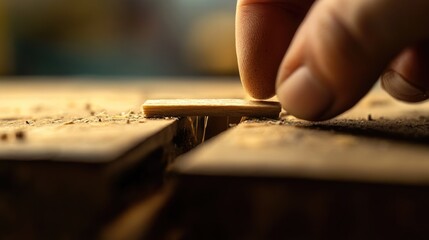 A close-up shot of a person's finger resting on wooden grain, great for use in environmental or product photography