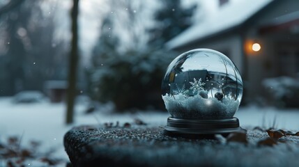 A delicate snow globe captures a wintery scene, settling gracefully under falling snowflakes, evoking magical tranquility and childhood wonder.