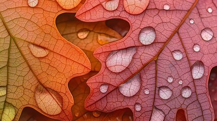 Obraz premium Close-Up of Autumn Leaves with Water Droplets in Vibrant Sunset Colors