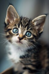 A small kitten is sitting in a cardboard box
