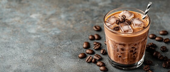 A frosty glass of iced coffee adorned with coffee beans on a textured surface, evokes a refreshing and energizing drink.