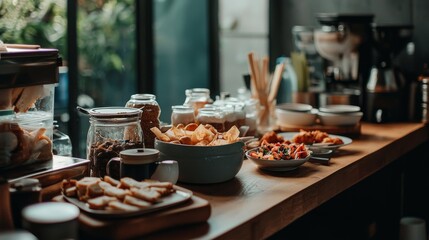 Cozy Cafe Breakfast Spread with Fresh Pastries and Coffee in Rustic Ambiance
