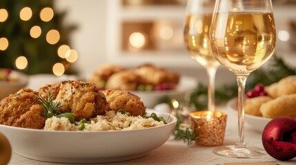 A festive holiday table setting featuring a hearty meal, elegant wine glasses, and warm decorations, creating a cozy and joyful atmosphere.