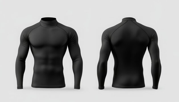blank black rash guard mockup front and back view.
