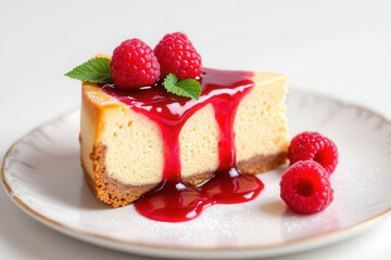 A close-up of a slice of delicious homemade cheesecake, topped with a vibrant raspberry sauce.