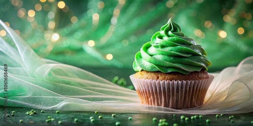 Poster A single green cupcake with a swirl of frosting resting on a soft white fabric against a blurred green background with sparkling lights.