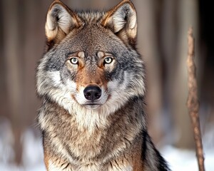 Obraz premium A majestic wolf with piercing eyes, standing in a snowy forest, exudes strength and grace amid a serene, winter landscape.