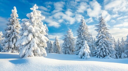 Fototapeta premium Snow-covered forest with tall trees laden with snow, creating a winter wonderland. Tranquil and picturesque winter landscape.