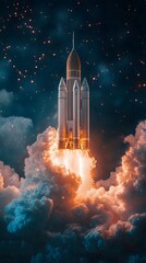A powerful rocket launch against a starry night sky, filled with vibrant clouds.