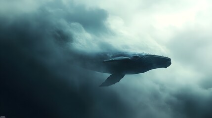 Fototapeta premium A blue whale soars in a cloudy and foggy sky creating a mysterious atmosphere with shades of gray and blue