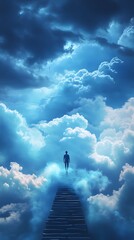 Silhouette of a figure walking on a path through vibrant blue clouds.
