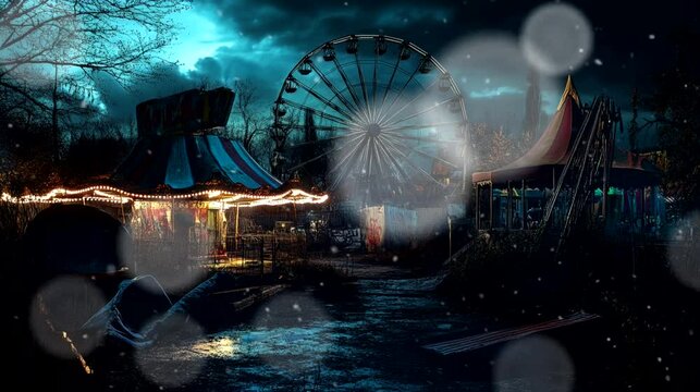 A spooky, abandoned carnival at midnight. seamless looping time-lapse virtual 4k video animation background