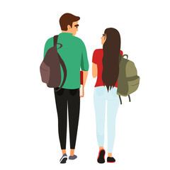 Back view of walking young couple of people. Man and woman with backpacks go forward. Friends going with bag pack. Students characters isolated on transparent background. Flat vector illustration.