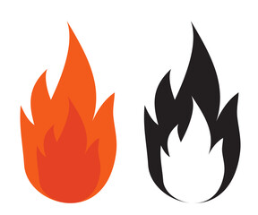 Fire flame icons. Red-orange and black-white silhouettes of fire. Abstract vector Illustrations isolated on transparent background.