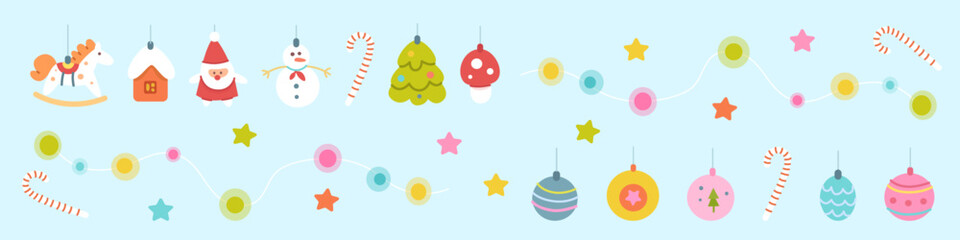 Christmas tree ornaments set. New year decoration collection isolated on blue background. Colorful Xmas balls, garland, candy. Vector pattern for season greetings, card, social banner.