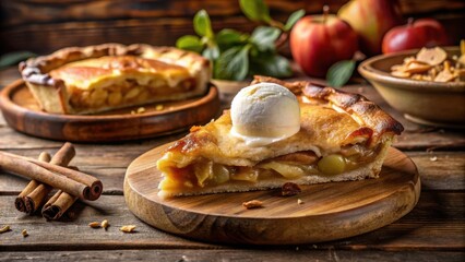 A slice of apple pie topped with a scoop of vanilla ice cream, resting on a wooden cutting board, with cinnamon sticks and whole apples in the background