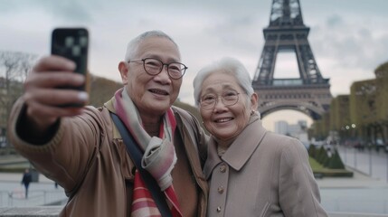 An elderly couple taking a cheerful selfie in front of the Eiffel Tower, capturing a heartfelt moment during their travel.