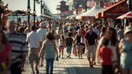 Obraz premium A vibrant boardwalk buzzes with activity, as families and friends stroll past colorful shops and ocean views.