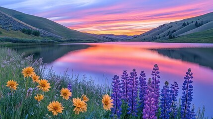 A tranquil lake with a colorful sunset sky reflected in the water, surrounded by rolling hills and wildflowers.